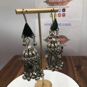 Vintage Afghan Green and Silver Earrings, Kuchi Earrings, Jhumka Earrings,